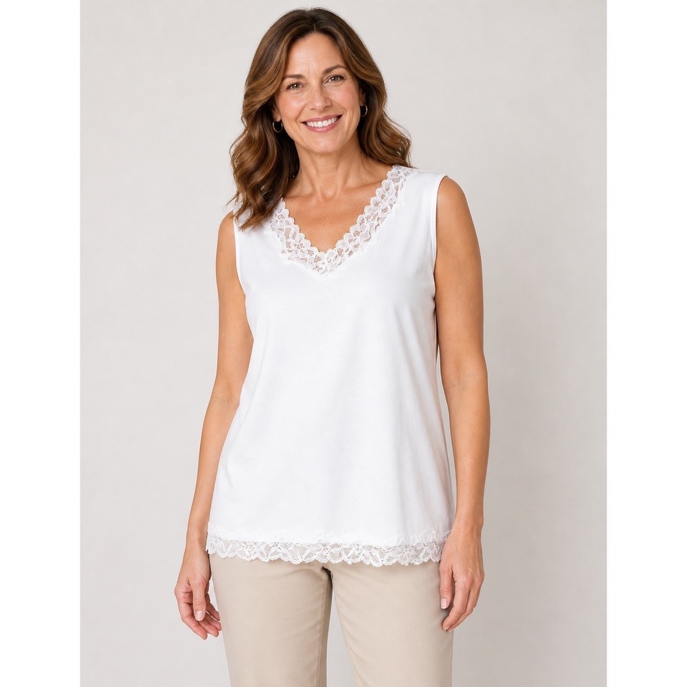 Coldwater Creek XL White Lace Trim V-Neck Sleeveless Tank Top Cotton Blend Shell